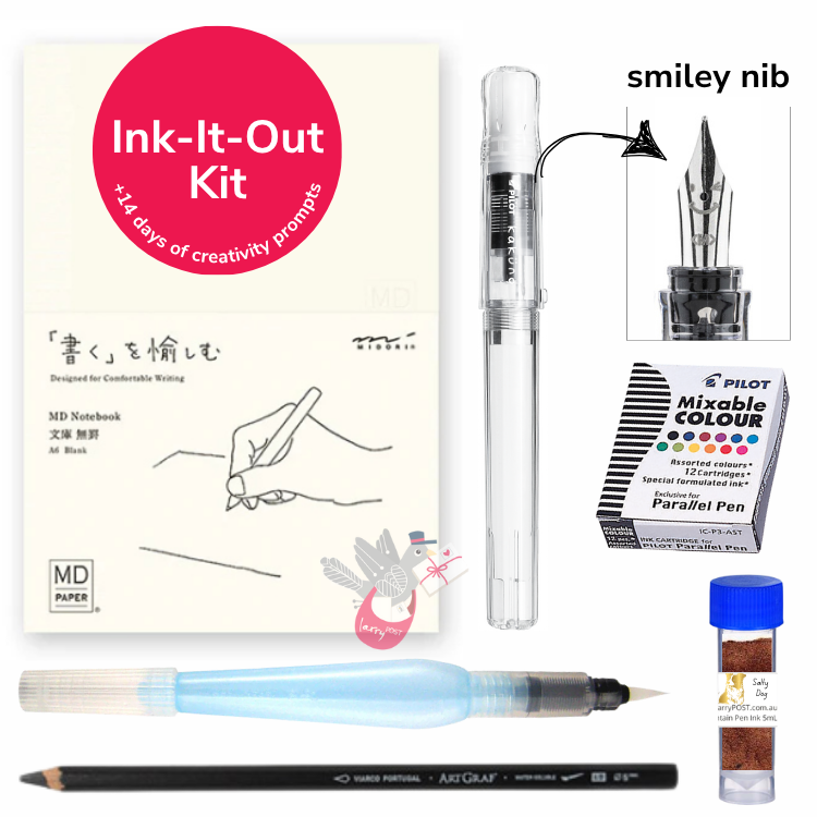 Ink-It-Out Kit (Kakuno Pen Clear Med, 12 Ink Cartridges, Notebook A6 Blank, Surprise 5mL Ink, Pipette, 6B pencil, Aquash M, 14 day prompts)