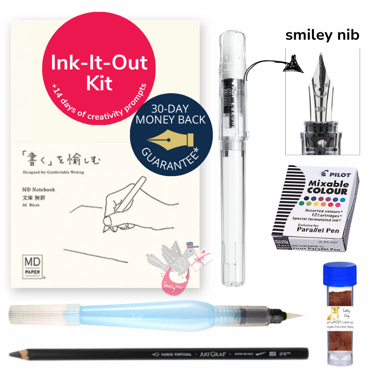 Ink-It-Out Kit (Kakuno M, 12 Ink Carts, Notebook A6 Blank, Surprise 5mL Ink, Pipette, 6B, Aquash M, Prompts)