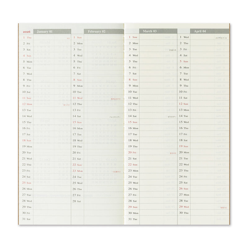 2026 Traveler's Company - Diary Insert - Regular Size - Weekly Planner and Notebook