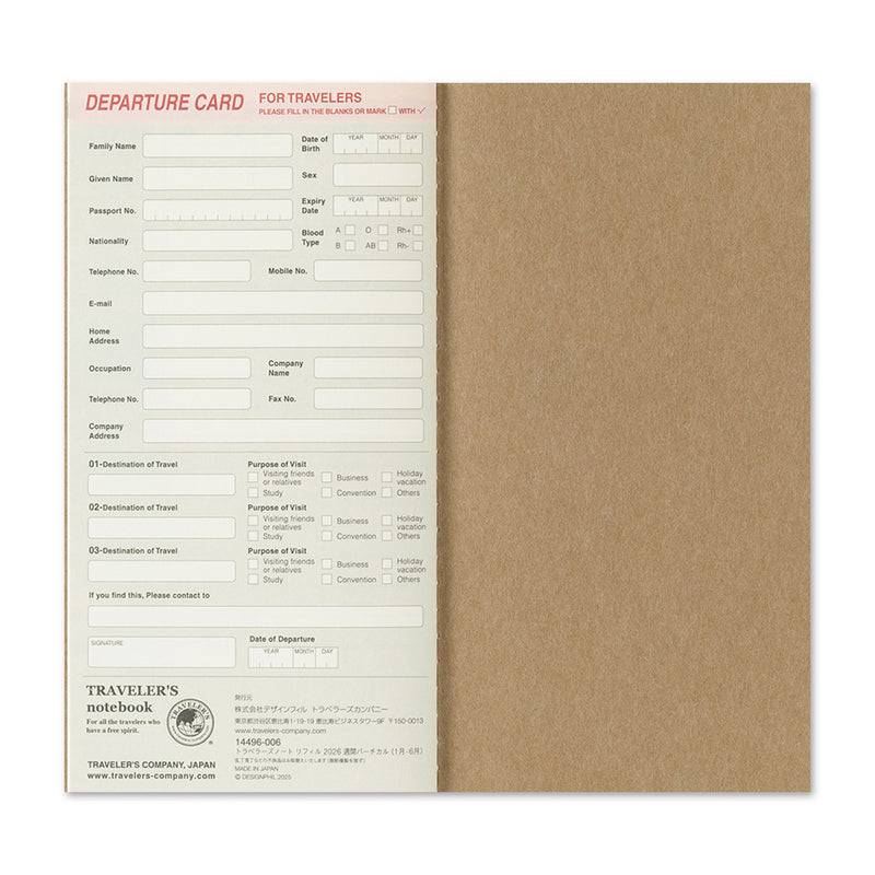 2026 Traveler's Company - Diary Insert - Regular Size (11 x 21cm) - Weekly Vertical Planner