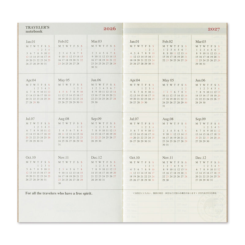 2026 Traveler's Company - Diary Insert - Regular Size (11 x 21cm) - Weekly Vertical Planner