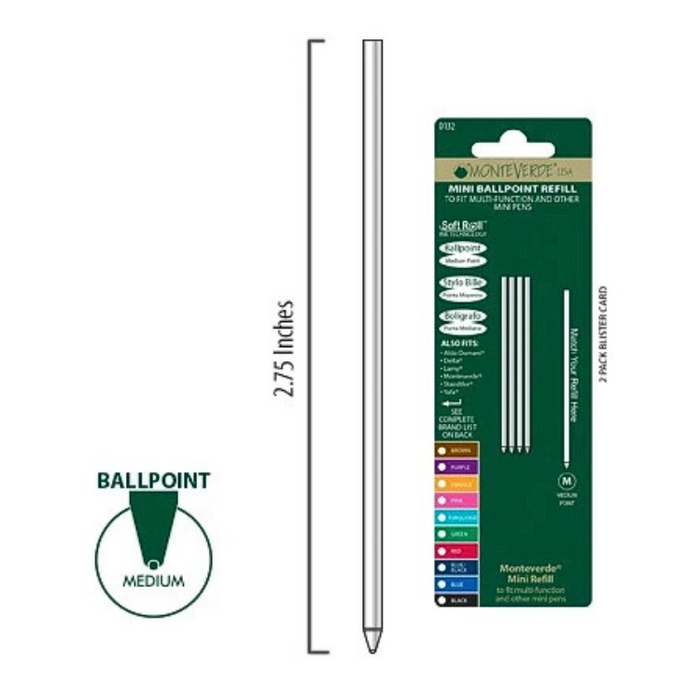 MONTEVERDE USA Softroll Mini Ballpoint Refill (D132) to fit Multipens - Medium - Pack of 4 - Brown