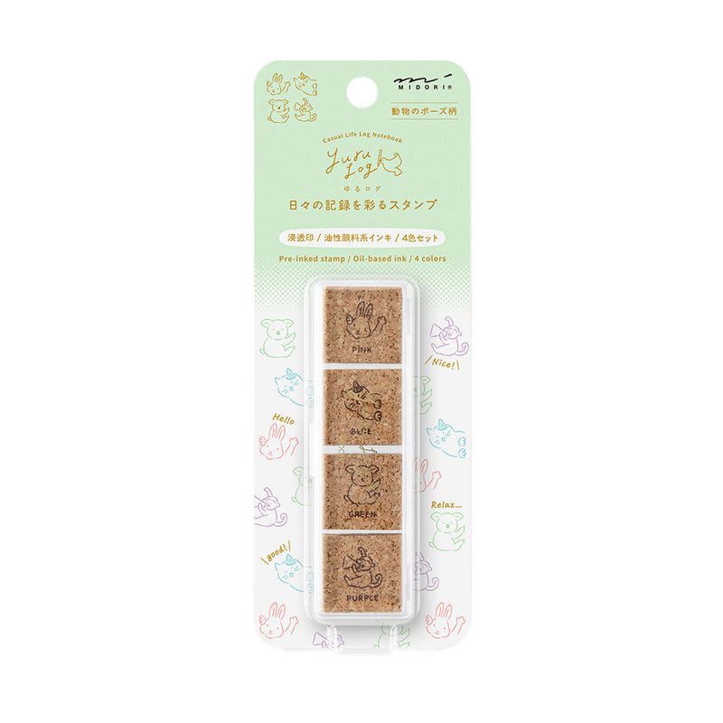 MIDORI - Yuru Log Stamp Set - Oil Based Ink (paintable) - Animal Poses