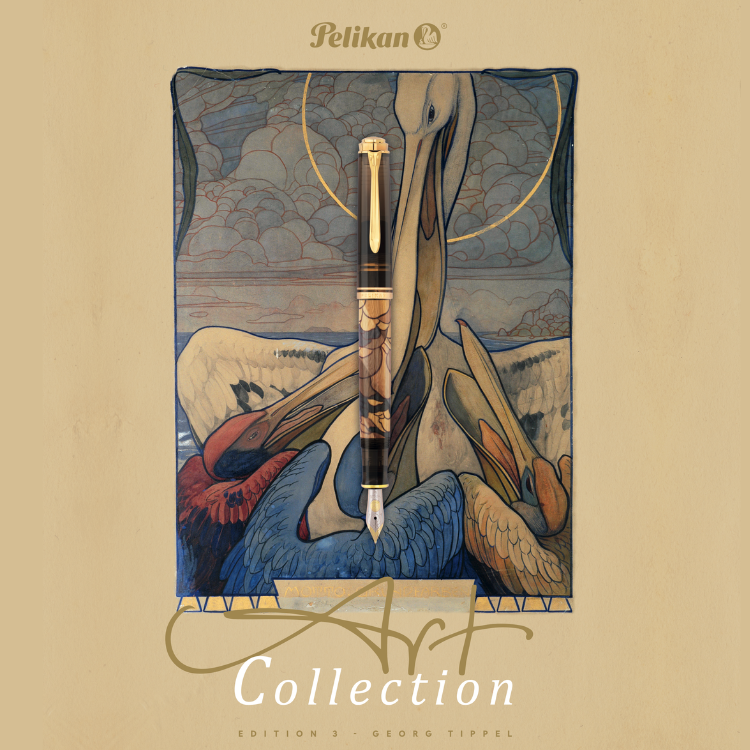 Pelikan M600 Art Series Georg Tippel displayed with art poster that inspired the design