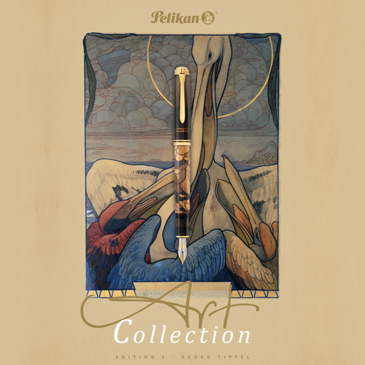 Pelikan M600 Art Series Georg Tippel displayed with art poster that inspired the design