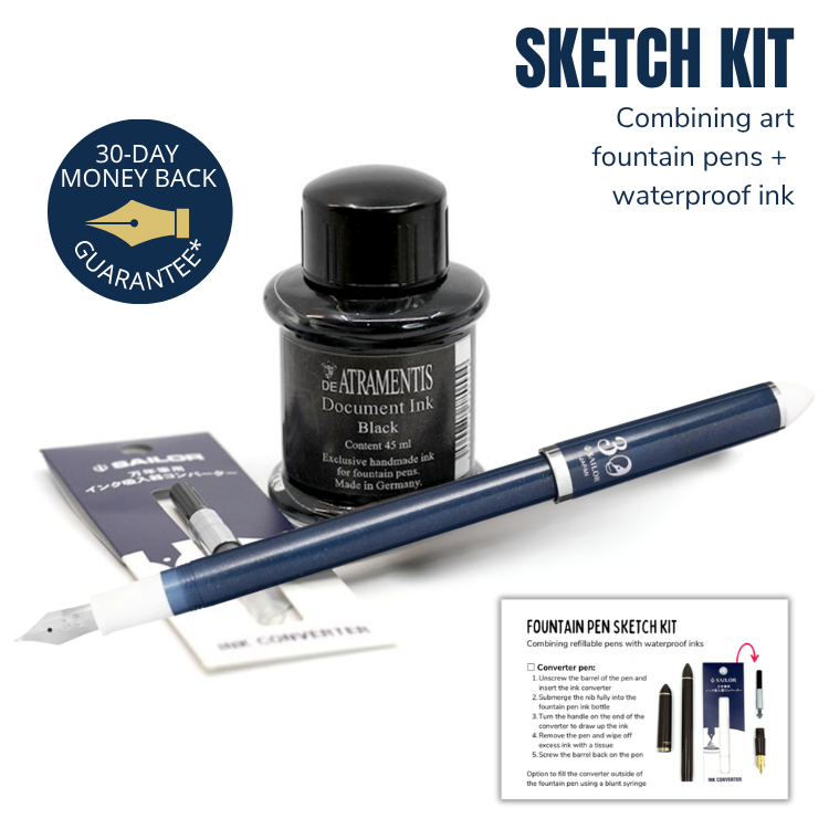 SAILOR Sketch Kit - Dawn Blue 30th Anniversary Edition Fude 40 Degree Nib (Converter, DA Black Doc Ink, Blunt Syringe)
