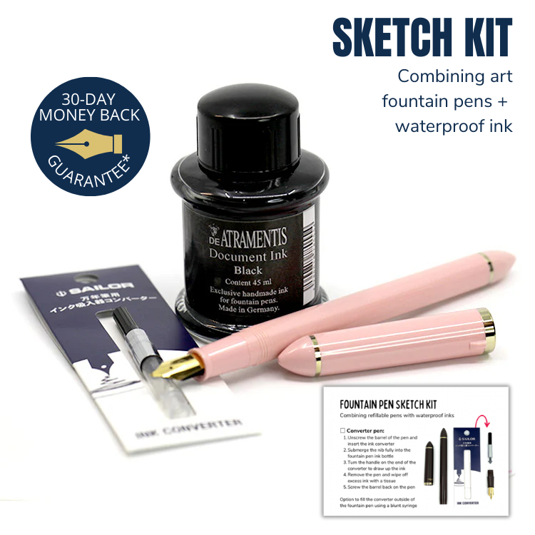 SAILOR Sketch Kit - Pink Fude 40 Degree Nib (Converter, DA Black Doc Ink, Blunt Syringe)