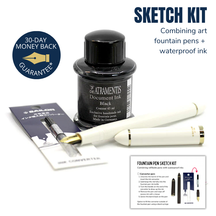 SAILOR Sketch Kit - White Fude 40 Degree Nib (Converter, DA Black Doc Ink, Blunt Syringe)