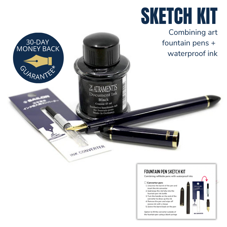 SAILOR Sketch Kit - Dark Blue Fude 40 Degree Nib (Converter, DA Black Doc Ink, Blunt Syringe)