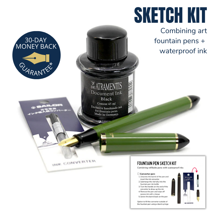 SAILOR Sketch Kit - Green Fude 55 Degree Nib (Converter, DA Black Doc Ink, Blunt Syringe)