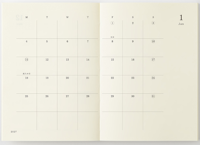 2027 MIDORI - Monthly Block + Memo - 175 pages - Pocket A6 (14.8H x 10.5W cm)