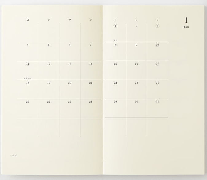 2027 MIDORI - Monthly Block + Memo - 175 pages - Pocket B6 Slim (17.5H x 10.5W cm)