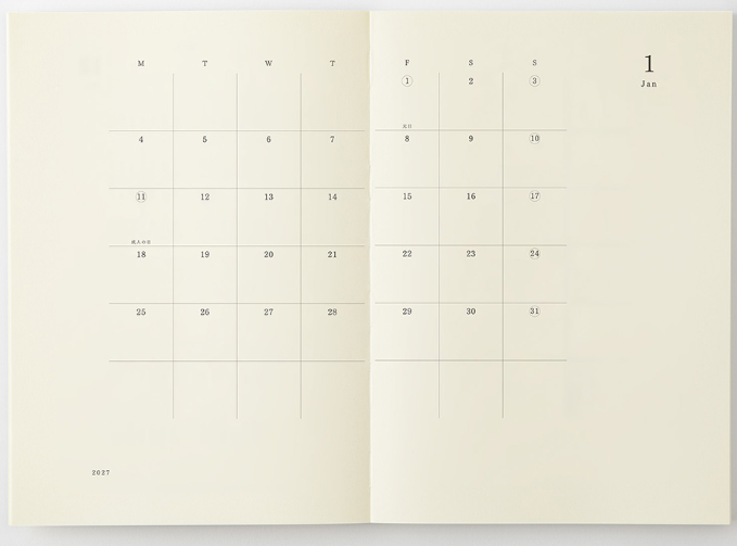 2027 MIDORI - Monthly Block + Memo - 175 pages - A5 (21H x 14.8W cm)