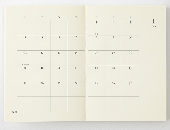 2027 MIDORI - Monthly Block + Memo - 175 pages - Mini A7 (10.5H x 7.4W cm)