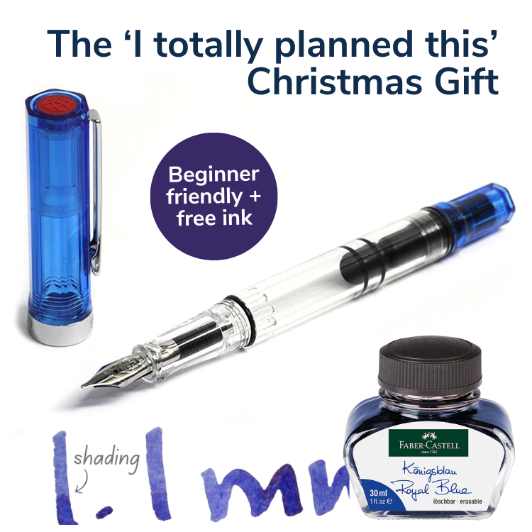 TWSBI Eco Fountain Pen - Clear / Transparent Blue - 1.1 Italic (stub) Nib (includes free Faber-Castell Royal Blue 30mL ink)