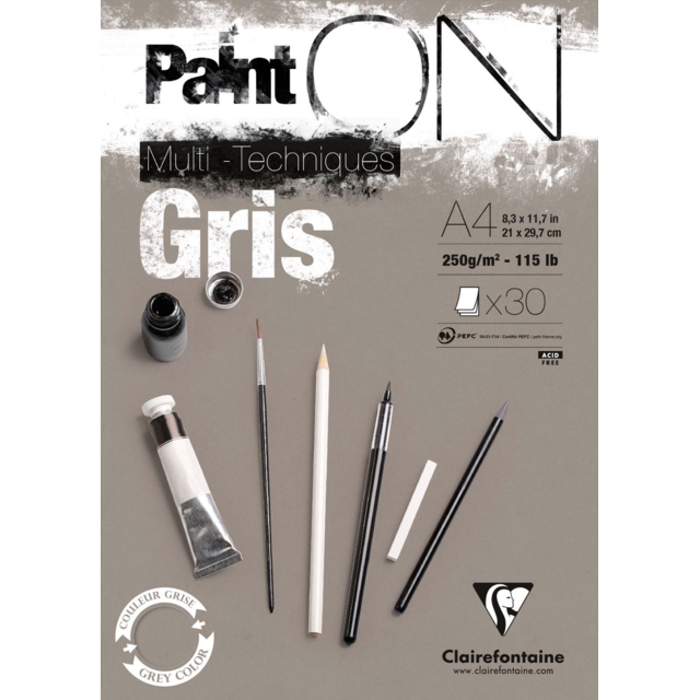 CLAIREFONTAINE Paint'On Mixed Media Pad (250gsm) - A4 - 30 Sheets - Grey