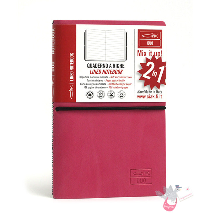 CIAK Duo Bonded Leather Cover Notebook (A6) - Plain and Ruled Pages - 70's Edition - Green / Pink