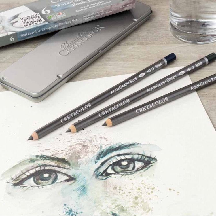 CRETACOLOR Aquagraph Tinted Aquarelle Pencils - Metal Tin Set 6 (HB, 4B, 8B, Red, Blue, Green)