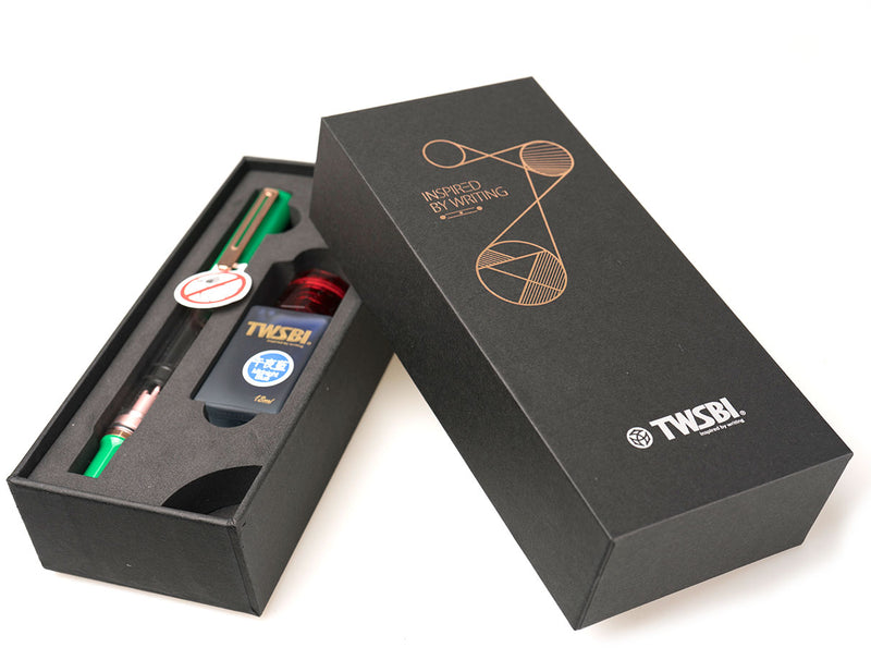TWSBI Eco-T Fountain Pen - Royal Jade/Rose Gold Gift Set with Midnight Blue Ink - 1.1mm Italic (Stub) Nib