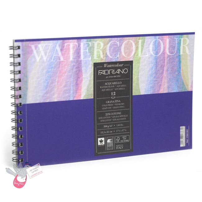 FABRIANO Studio Watercolour Spiral Pad - Cold Press - 300g - 25% Cotton - A4+ (24 x 32cm) - Landscape - 12 Sheets 