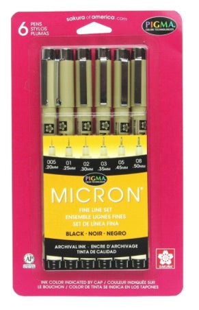 SAKURA Pigma Micron 6-Pack (01, 02, 03, 04, 05, 08) - Black