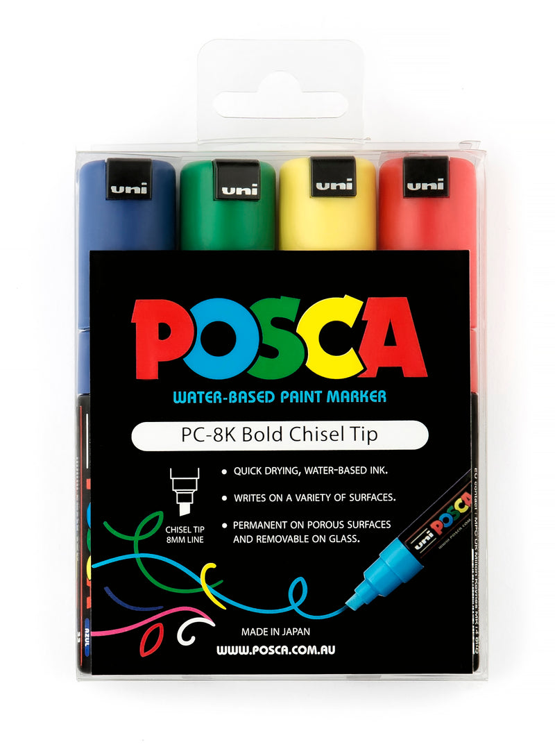 POSCA Paint Marker - 8mm Bullet Tip (PC-8K) - Wallet of 4 - Red, Yellow, Green, Blue