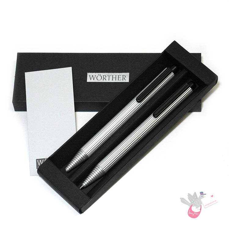 WORTHER Profil Ballpoint Pen and Mechanical Pencil Set - Anodised Aluminium