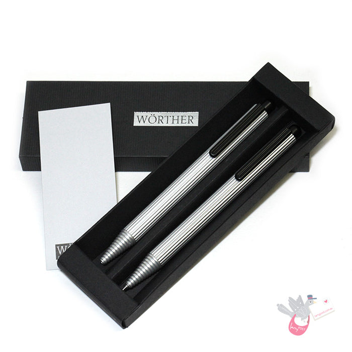 WORTHER Profil Ballpoint Pen and Mechanical Pencil Set - Anodised Aluminium
