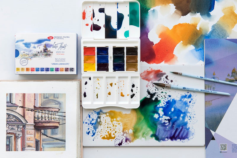 WHITE NIGHTS Artists' Watercolours Set - 12 Full Pans & Plastic Palette - Urban Landscape