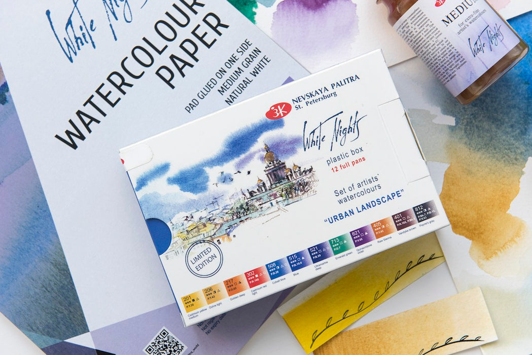 WHITE NIGHTS Limited Edition Artists' Watercolours Set - 12 Full Pans & Plastic Palette - Urban Landscape