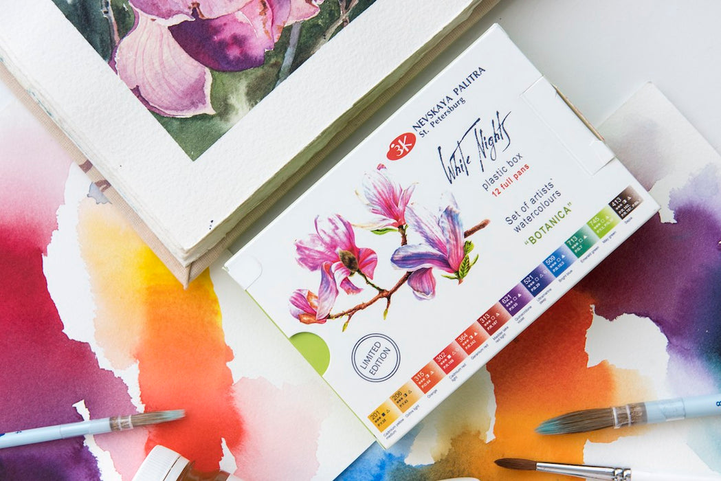 WHITE NIGHTS Limited Edition Artists' Watercolours Set - 12 Full Pans & Plastic Palette - Botanica 