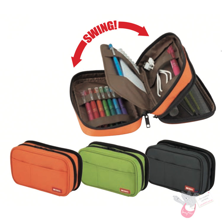 LIHIT LAB - Smart Fit Double Pen Case (Book-Type) - Double Zipper  - Green