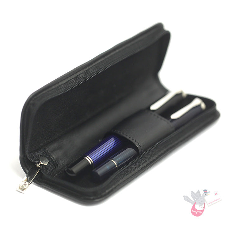 PELIKAN Black Napa Leather Zippered Pen Pouch - Double