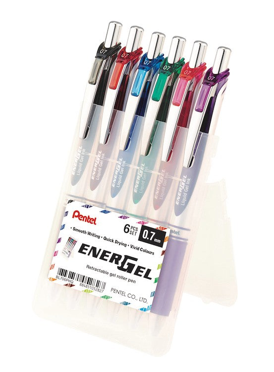 PENTEL Energel Retractable BL77 Gel Roller Pen (Stand Up Case) - 0.7mm - Set 6 (Primaries)
