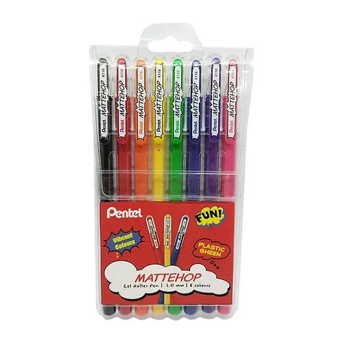 PENTEL Mattehop Gel Roller Pen Wallet - Broad (1.0mm) - Set of 8