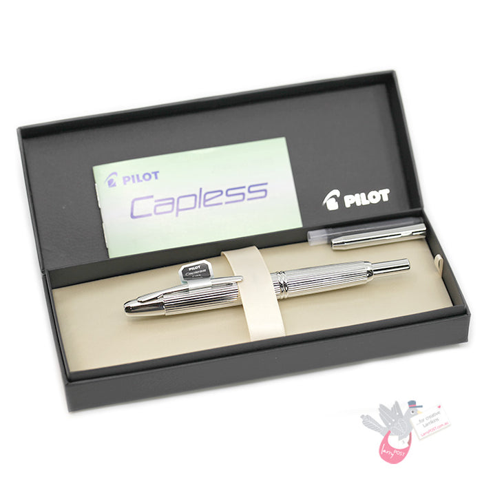 PILOT Capless Fountain Pen (Rhodium Plated 18ct Gold Nib & Con-40) - Striped (Rhodium Plated body) - Medium Nib