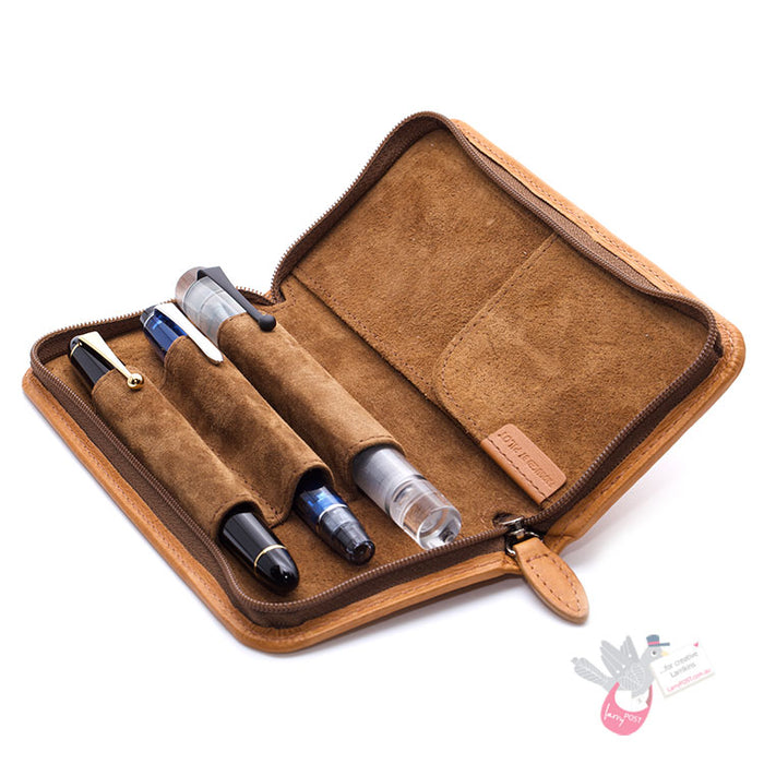 PILOT Pensemble Leather Zip Pen Case - 3 Pens - Brown