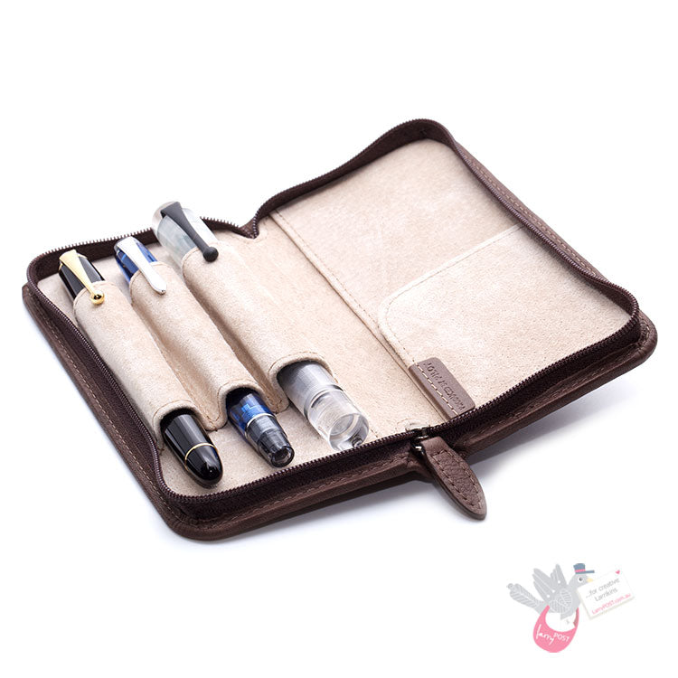 PILOT Pensemble Leather Zip Pen Case - 3 Pens - Dark Brown