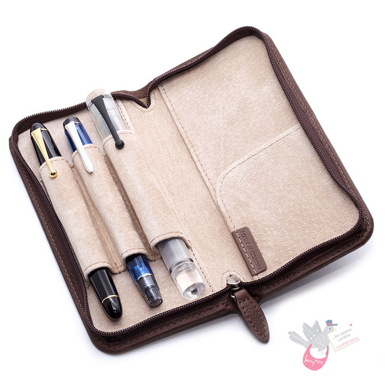 PILOT Pensemble Leather Zip Pen Case - 3 Pens - Dark Brown