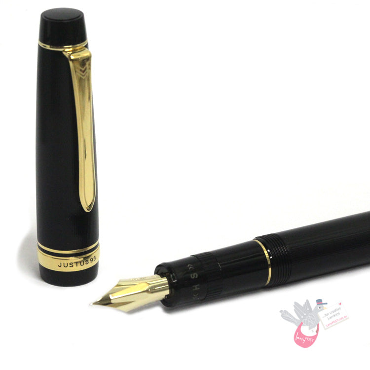 PILOT Justus 95 Fountain Pen (14ct Gold Adjustable Nib and Con-70) - Pinstripe Design - Black - Fine Medium Nib