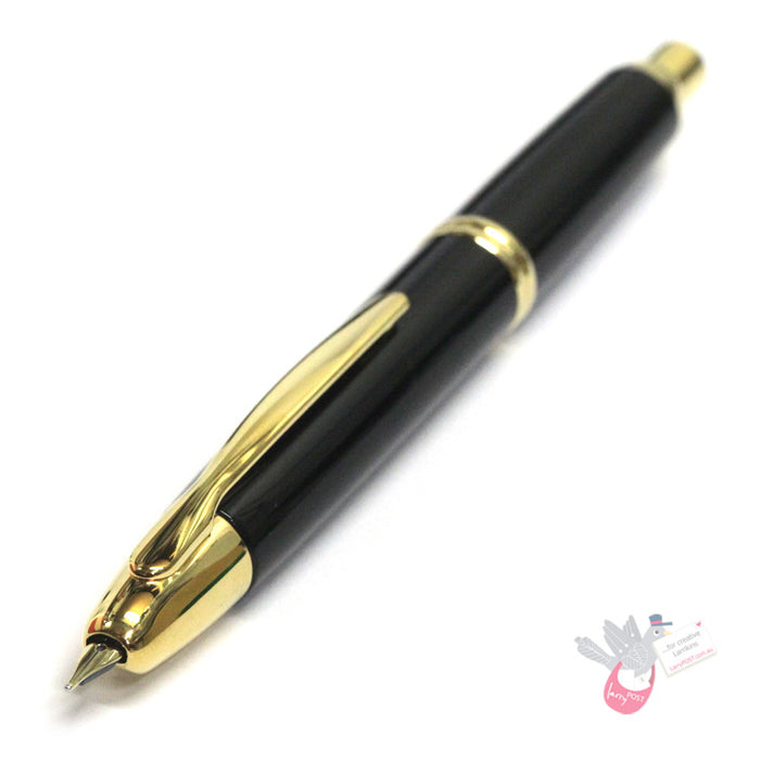 PILOT Capless (Vanishing Point) Fountain Pen (18ct Gold Nib & Converter-40) - Black/Gold - Broad