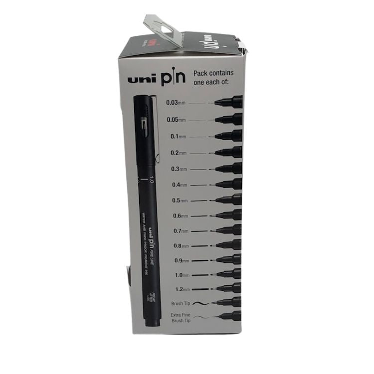 UNI PIN Fine Line Pen - Essential Set 15 - Black (Bonus Neoprene Bag)