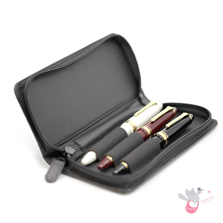SAILOR Leather Pen Case - 3 Pens - Black