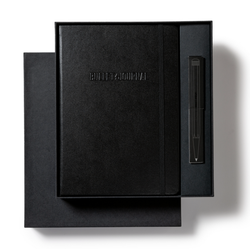 LEUCHTTURM1917 Bullet Journal Edition 2 All Black Collectors Set – 1x Bullet Journal A5, 1x Twist Pen, 1x Pen Loop - 120gsm Paper - Medium (A5) - Dotted - Black