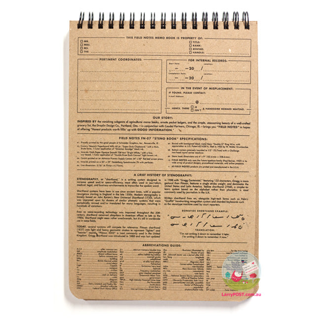 FIELD NOTES Steno Book -  Natural Kraft - Ruled (15 x 23cm)