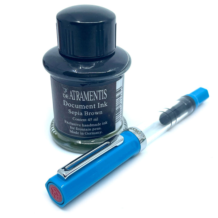 TWSBI Eco Sketch Kit - Clear / Cerulean Blue - Fine Nib & DE ATRAMENTIS Document Ink - Brown - 45mL