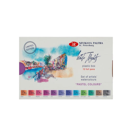 WHITE NIGHTS Artists' Watercolours Set - 12 Full Pans & Plastic Palette - Pastel Colours