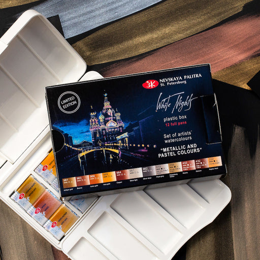 WHITE NIGHTS Artists' Watercolours Set - 12 Full Pans & Palette - Metallics and Pastels