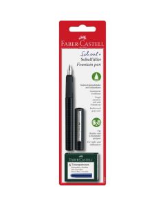 FABER-CASTELL School Plus Fountain Pen Kit (includes 6 blue ink cartridges) - Med A Nib - Black