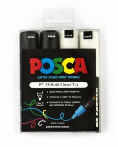 POSCA Paint Marker - 8mm Bullet Tip (PC-8K) - Wallet of 4 - Black & White